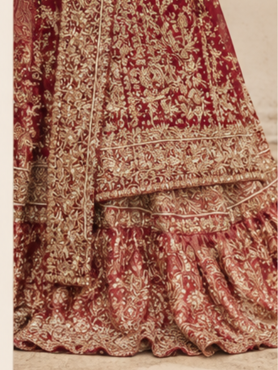 Deep Maroon Gold Zari Embroidered Bridal Peshwas with Statement Dupatta | Faizy Collection