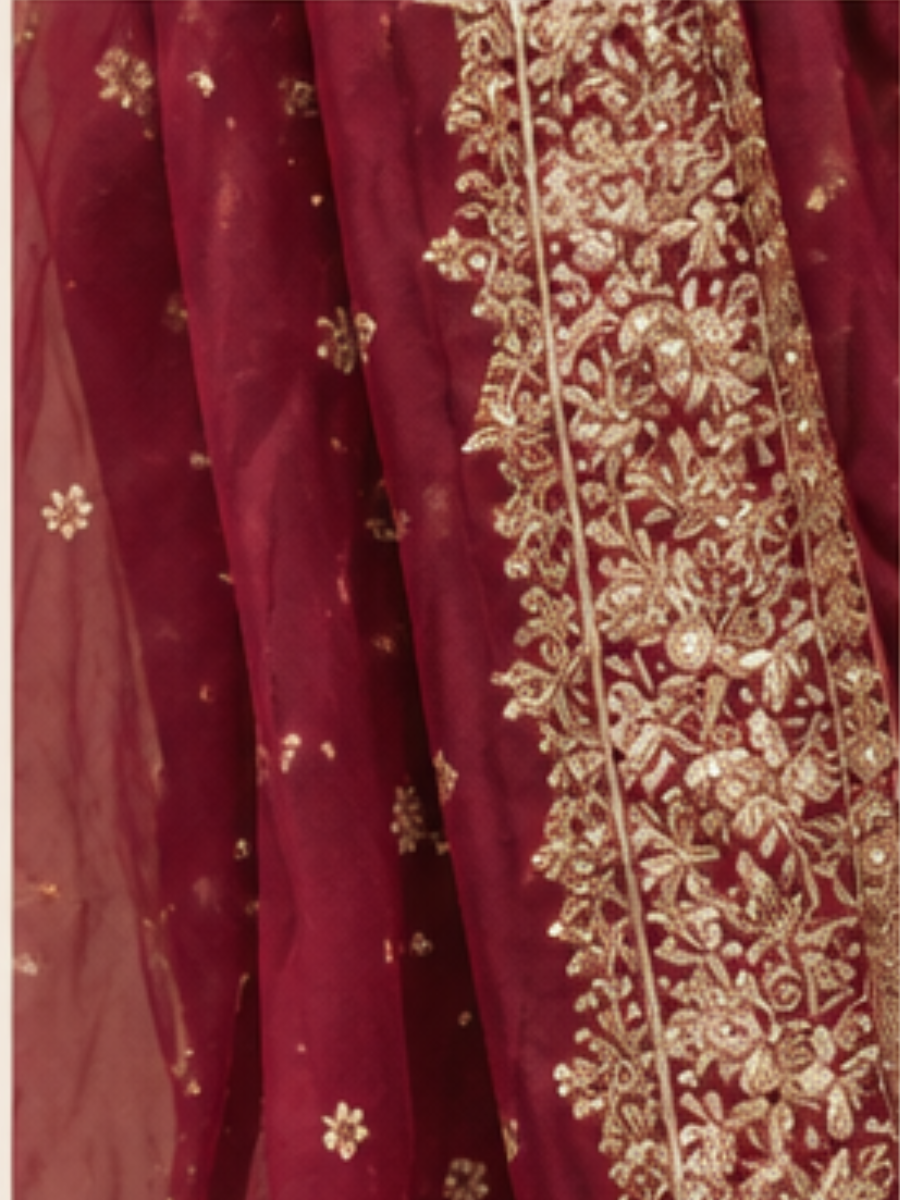 Deep Maroon Gold Zari Embroidered Bridal Peshwas with Statement Dupatta | Faizy Collection