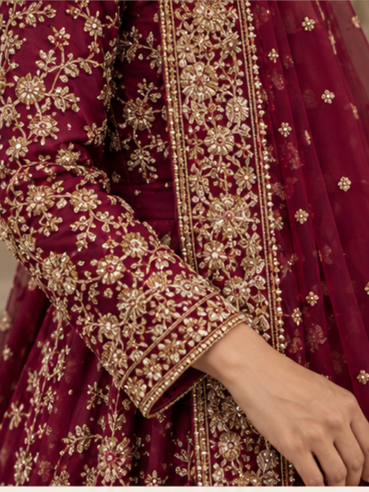 Maroon Gold Embroidered Bridal Lehenga 3-Piece Suit with Heavy Dupatta | Faizy Collection