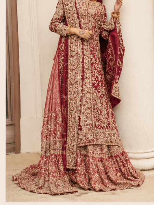 Deep Maroon Gold Zari Embroidered Bridal Peshwas with Statement Dupatta | Faizy Collection