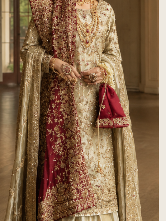 Ivory Gold Embroidered 3-Piece Bridal Formal Suit with Maroon Dupatta | Faizy Collection