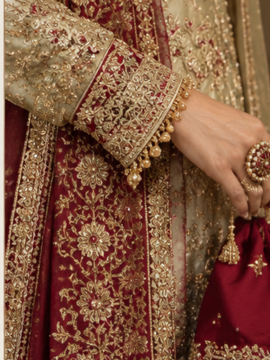Ivory Gold Embroidered 3-Piece Bridal Formal Suit with Maroon Dupatta | Faizy Collection