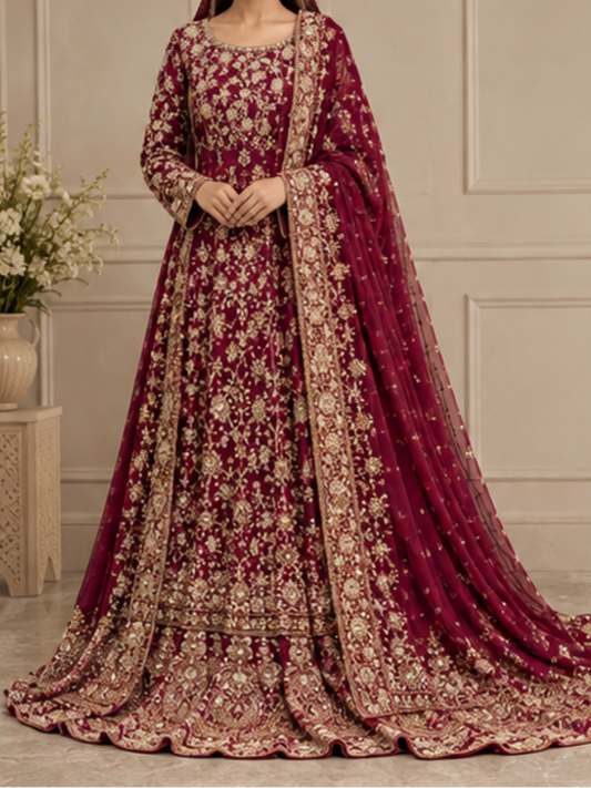 Maroon Gold Embroidered Bridal Lehenga 3-Piece Suit with Heavy Dupatta | Faizy Collection