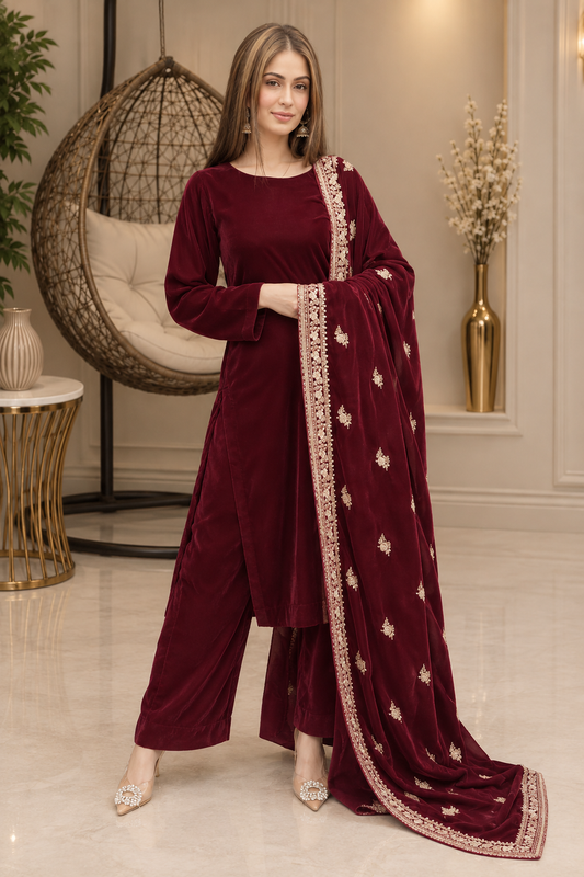 Burgundy Velvet 3-Piece Suit with Elegant Gold Embroidery