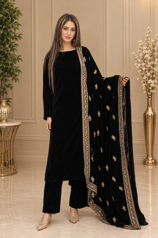 Classic Black Velvet Suit with Gold Embroidered Dupatta