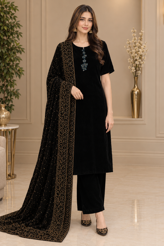 Black Velvet 3-Piece Suit with Intricate Golden Embellishments