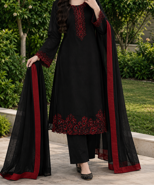 1. Black & Ruby Red Embroidered 3-Piece Formal Suit