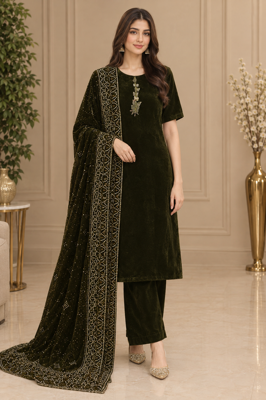 Dark Green Velvet Suit with Traditional Gold Embroidered Dupatta