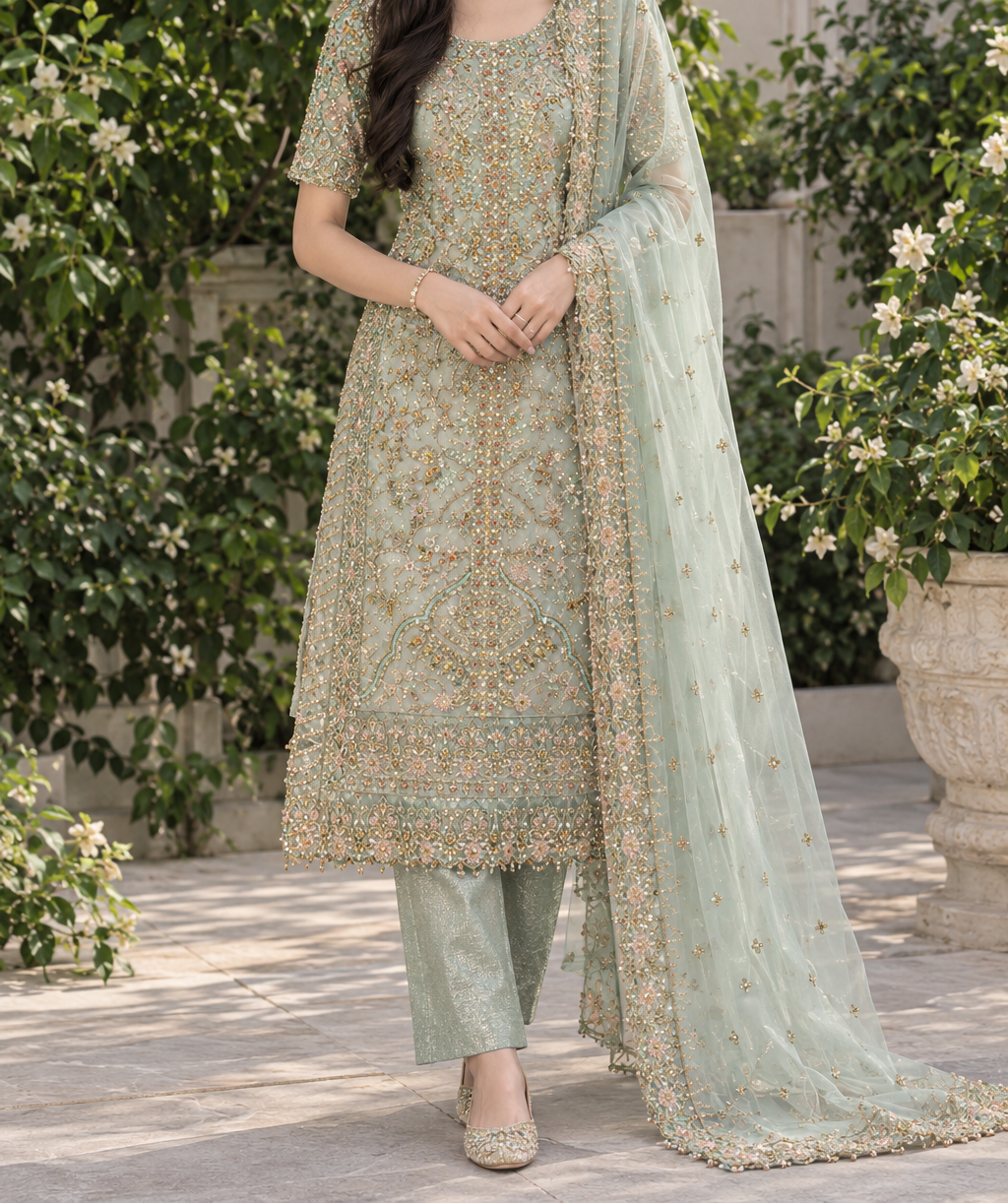 Mint Green Embellished Formal 3-Piece Pakistani Suit