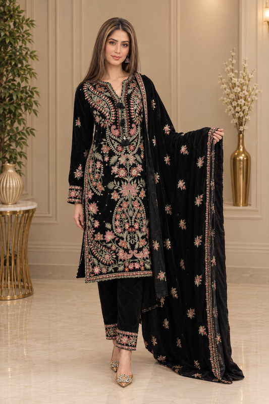 Black Floral Embroidered Velvet 3-Piece Formal Suit