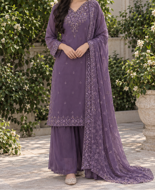 Lavender Embroidered 3-Piece Pakistani Suit with Dupatta