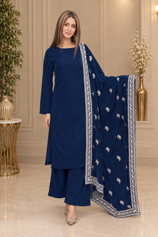 Navy Blue Embroidered 3-Piece Suit with Elegant Dupatta